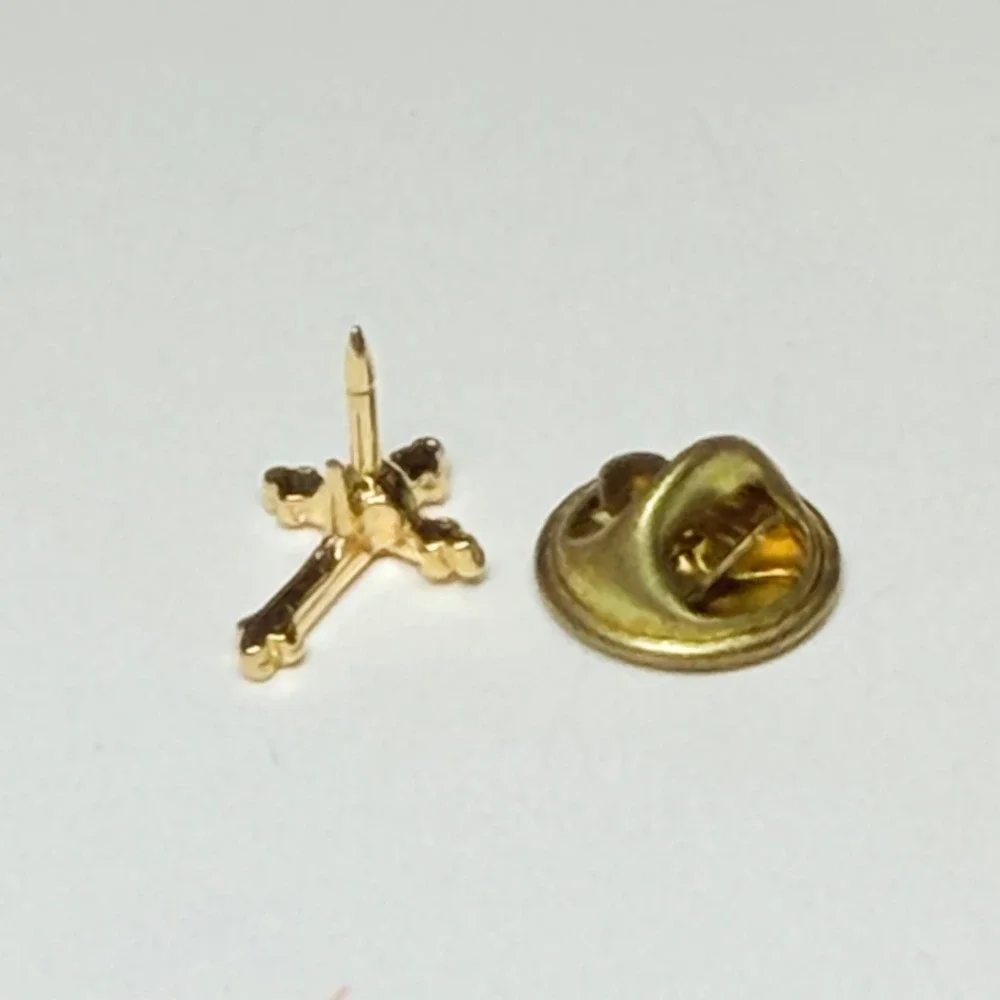 Gold Tone Cross Lapel Pin Blue Rhinestone Center Religious‎ Crucifix Tie Tack